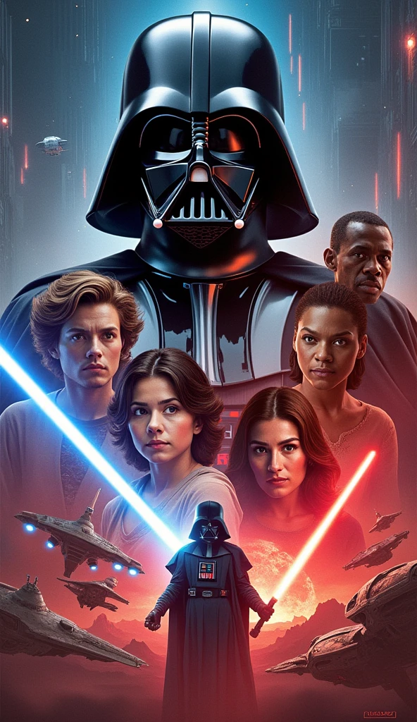 star wars poster, dramatic scene, ((Expressive characters)), Future-oriented details, Energetic and ((Fascinating colors)), Dynamic configuration, Battle with Darth Vader, Lightsaber
