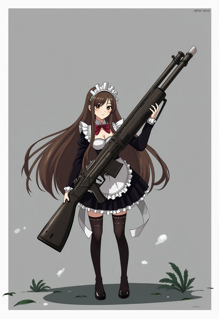 anime character with long hair in maid dress holding a heavy rilfe and black gloves,(hair swept bangs:1.3), (long brown hair:1.3), 1girl, solo, long hair, breasts, looking at viewer, large breasts, simple background, black hair, thighhighs, holding, cleavage, very long hair, standing, jacket, full body, weapon, ahoge, multicolored hair, boots, grey background, holding weapon, orange hair, mole, high heels, two-tone hair, leotard, hand on hip, gun, bodysuit, thigh strap, thigh boots, holding gun, rifle, colored inner hair, barcode, anime style, from girls frontline, fine details. girls frontline, girls frontline universe, girls frontline style, girls frontline, girls frontline cg, soft anime illustration, 2 0 2 2 anime style, 2022 anime style, pixiv contest winner, pretty anime character design, render of april
