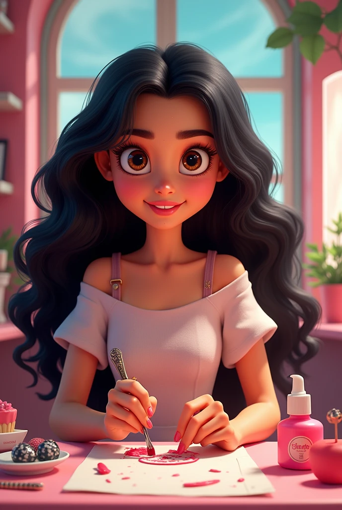 Pixar style poster manicurist brunette long curly black hair brown eyes