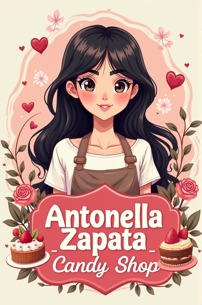 Create an animated logo of a brunette girl, black hair with bangs, who starts selling beautiful decorated cakes, Your business is called "Antonella Zapata Candy Shop"