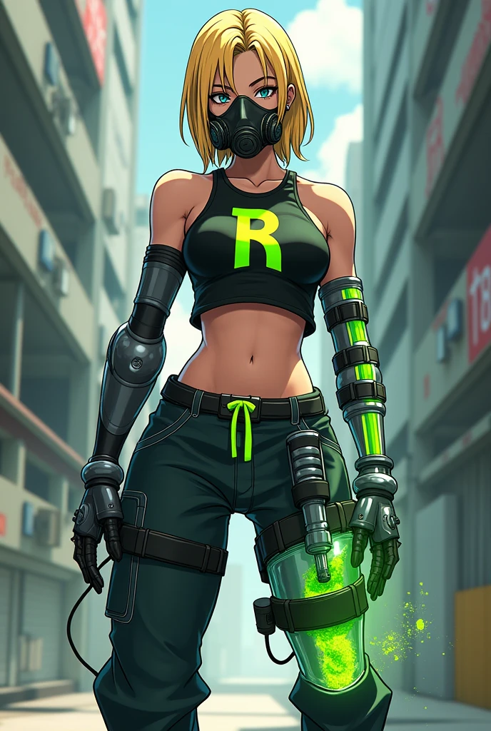 Slim normal build blonde man with medium hair, a metal prosthetic leg, transparent tubes coming out of the prosthetic leg pumping a green liquid, black gasmask with bright green details that only covers mouth and nose, wearing a masculine crop top with the letter R on it and pants with one leg. Anime Style