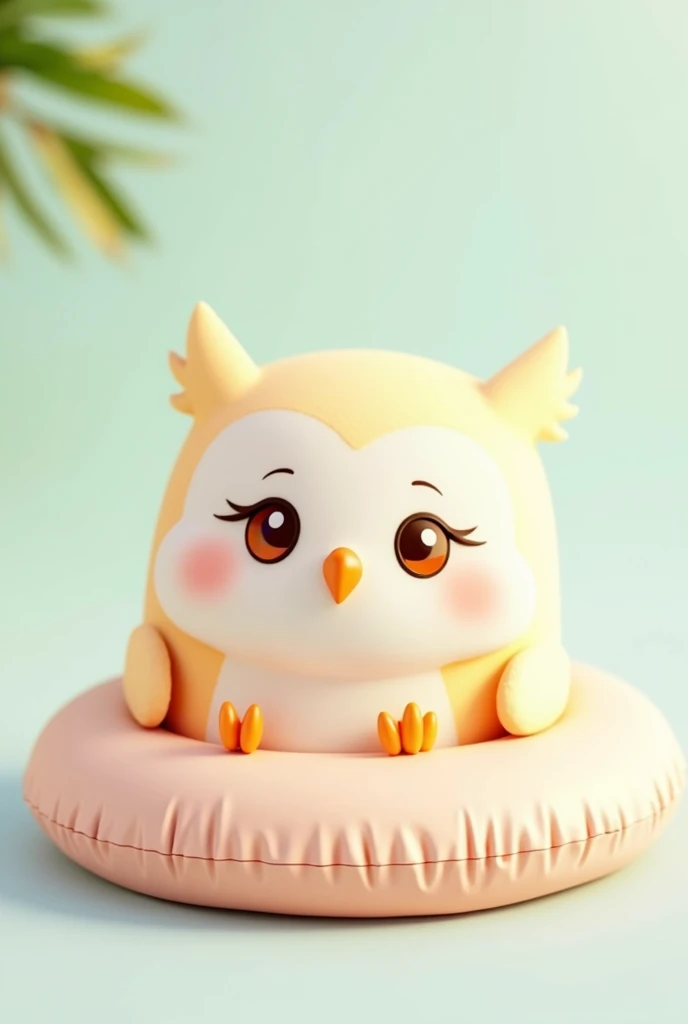 3d, Simple and cute, With gentle colors like a picture book , 8k, Highest quality,cute,Big anime eyes,Cute owl on a swimming ring.,mascot