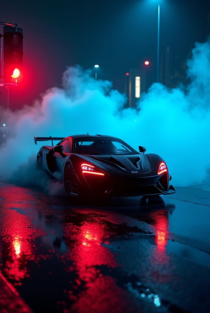 Black car red light aand blue smoke with water foll