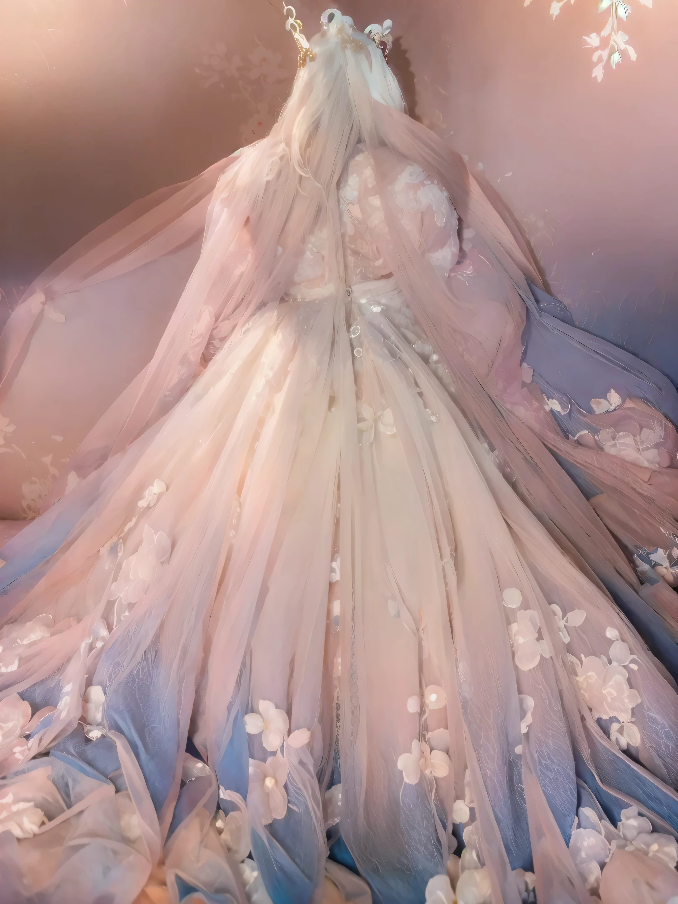 POV from behind,seen from behind the shoulder,Very close-up of Attractive dressing Beautiful colorful hairs,perfect facial features , beautiful eyes of well dressed Women in flower garden empty hand's ,looks like gorgeous wife giving a eligent pose wearing princess wedding gown dress, added anime stockings ((with big body curves, attractive queen diamond crown full dressed white and pink clothing,bouncy breasts:2.4 thin waist,big wide hips , but gigantic thighs)) wearing necklaces with princess sexy attractive long frock clothes full body clothing wedding white and pink bride clothes added coastly stockings flowen net design frock, beautiful eyes,wet lips,seen from behind back shoulder,flower garden scenary 