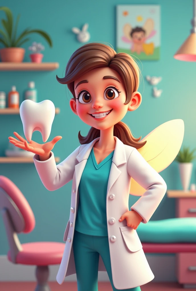Tooth Fairy dressed as a happy dentist with a tooth in his hand