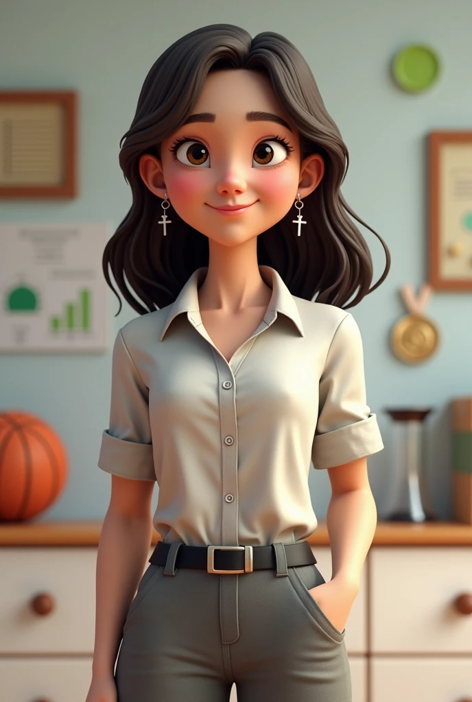  , with dark brown hair, dark brown eyes, wavy hair somewhat curly, Shoulder-length hair cut in layers, parted almost in the middle but not completely in the middle, somewhat disheveled, without bangs but with strands around the face, not so skinny, White skin, 1.65cm tall, not so skinny pero tampoco gorda, somewhat round face, small nose and mouth, eyes not a little Chinese but big. Include something related to excel in the background, basketball, programming, chemistry, and study and win medals or competitions. cheered up. CLOTHES: grey formal dress pants, button ddress blouse, black belt, Small hoop earrings with a silver-plated hanging cross and silver-plated rings. that looks young, study high school. not anime style. Make it animated something 3D. Strike a more casual pose. Keep what I asked for in the background. Smile without showing teeth. not so thin.