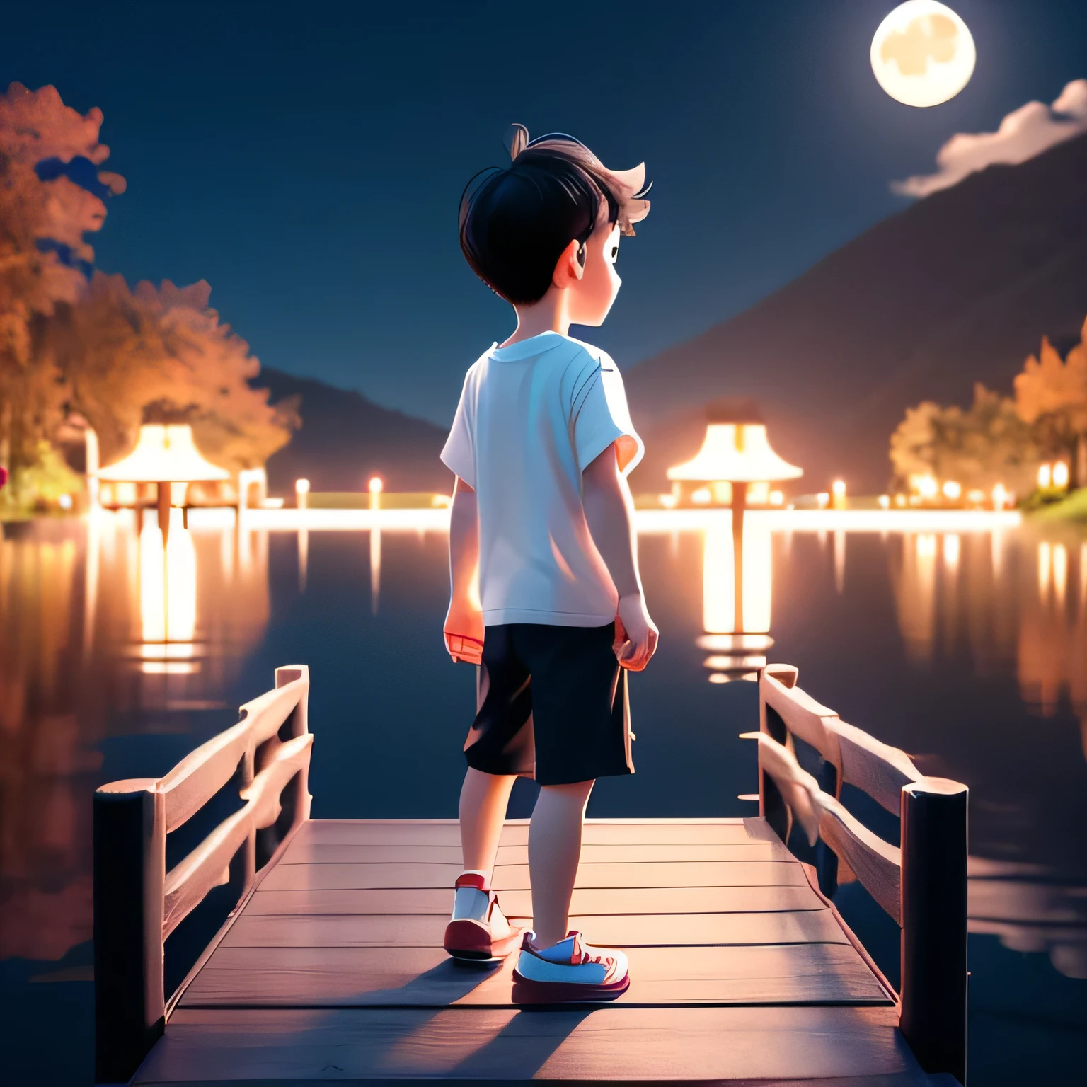 Cute 3D rendering style,Tide play style,Mid-Autumn Festival night,moon,lake,boy standing on a wooden bridge holding the railing and looking back,Back view,Wearing a white T-shirt,Black hair,Black eyes,Wear shoes,Happy expression,8K quality,high quality,Soften Tone,Repair face and hands