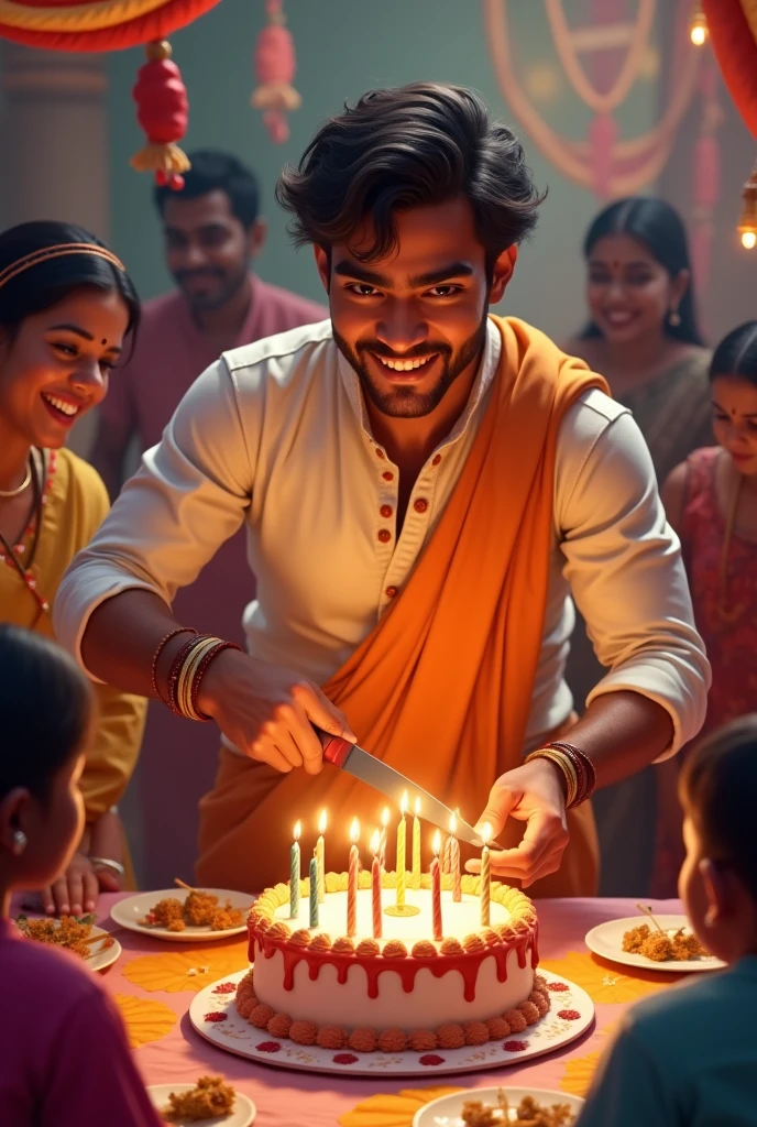 An Indian young man cutting cake