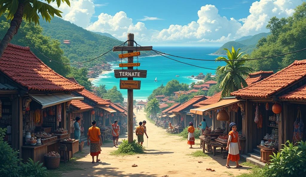 Village from ancient Ternate island, Maluku, Indonesia, there is a signpost that says "TERNATE"