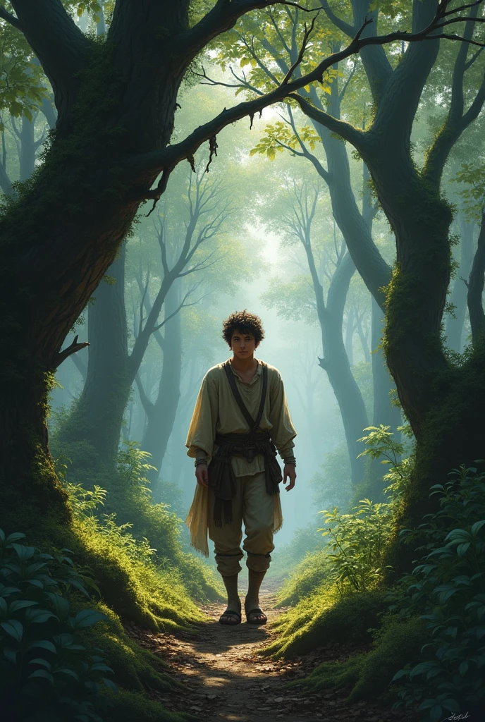 young man wandering sadly through the forest in the middle ages