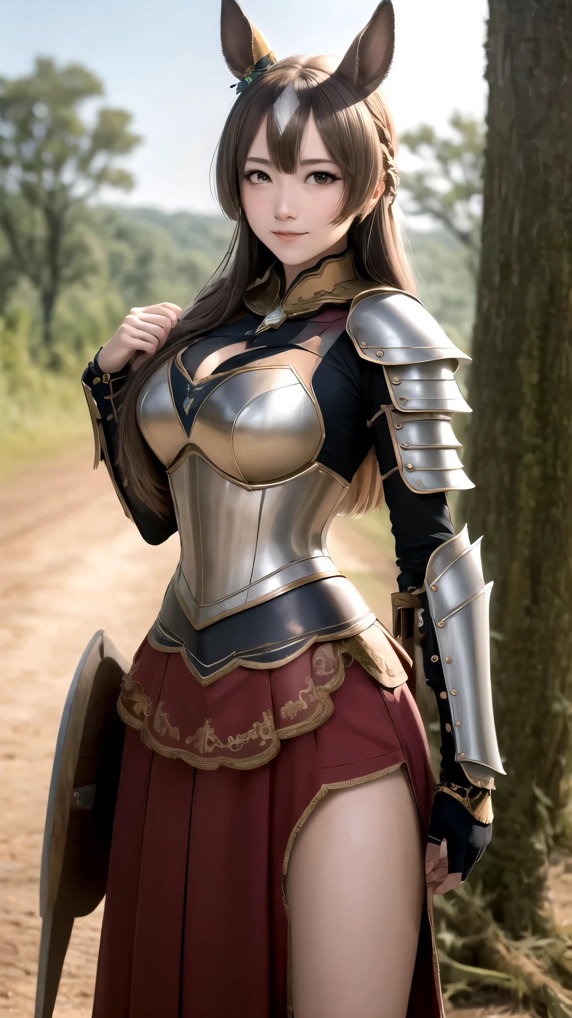 masterpiece, best quality, highres, {{8k}},
BREAK,
aasato, long hair, half updo, braid, hair between eyes, animal ears, ear ornament, medium breasts, plate armor, long red skirt, cowboy shot, shy smile, blush, cute, wide hips, busty,
BREAK,
outdoor, castle,