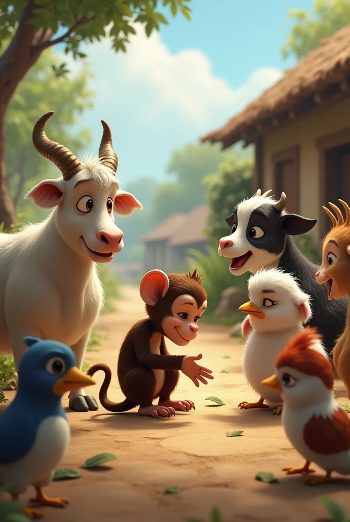 /imagine Monkey Apologizing to Other Animals:

"Back in the village, the monkey is seen apologizing to other animals. The scene shows a group of animals including a cow, goat, and birds gathered around the monkey, who is bowing his head in remorse. The animals are smiling, indicating they have forgiven him, --3:2