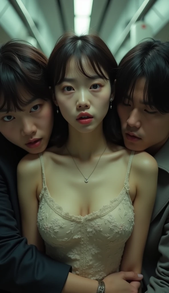 (32K:1.9, Horror depictions:1.9, Highest quality, masterpiece, Ultra-high resolution, Professional random angle camera work:1.5, Very detailedな肌と顔の質感:1.4), Always accurate, Very detailed, bag, (Cute Japanese Woman, Camisole dress and cardigan:1.6, Incredibly slim body:1.3, areola is not visible:1.4, Big breasts on the verge of collapse), ((Crowded train:2.0, Crazy behavior:1.9, in the train、Two young men hugging a woman from behind:1.7)), belt, Fair skin, elegant, sense of cleanliness, Thin eyebrows, (Scared:1.0, Puzzled:1.0, A look that shows deep contempt for you:1.0, Big eyes that exude beautiful eroticism:0.4, Please open your mouth a little, lipstick, Feel the beautiful eroticism:1.0, Dark brown medium hair), Earrings, necklace, bracelet, romantic, mysterious, Object of admiration, original, dramatic, artistic, Innovative, charm, Heartful, Fancy, Tilt, sense of loss, special, ((exciting, Extreme, sense of openness, suffering, sufferingの表現)), ((Mistakes of Youth, 女性的なcharm))