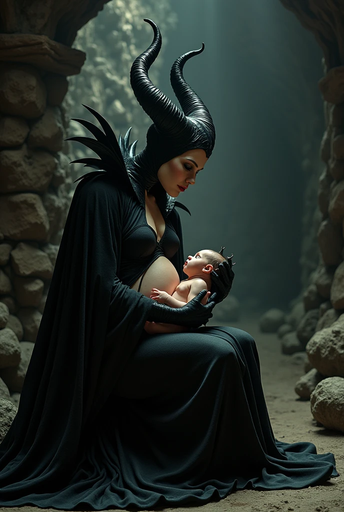 A stunning portrait of Maleficent giving birth in a dungeon, she is actively giving birth, the baby’s head is stretching her birth canal