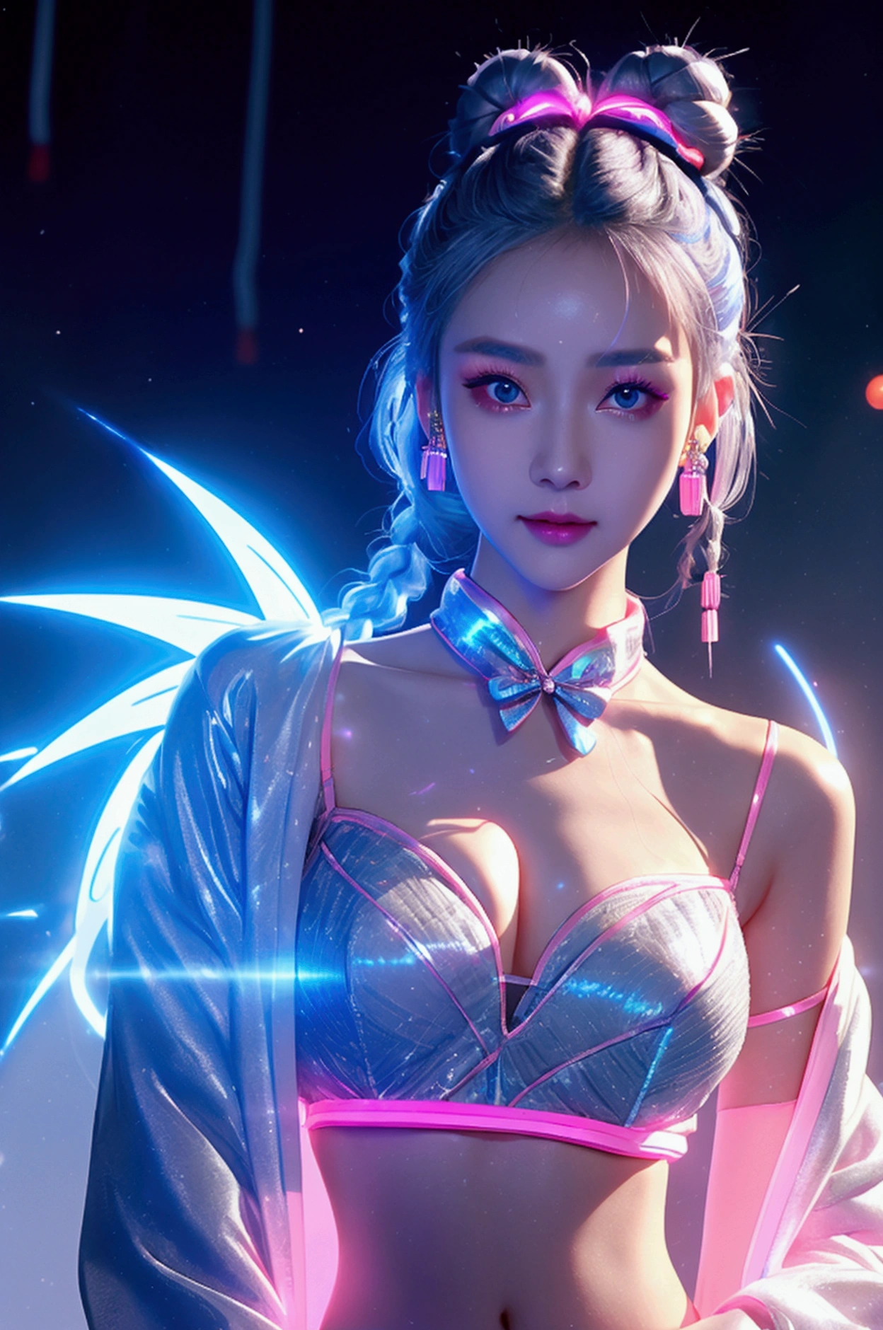 1 woman, Chinese_clothes, liquid silver and pink, Cyber Han, Cheongsam,White bra,White underwear with a bow,full body, cyberpunk city, dynamic gesture, Glowing headphones, glowing hair accessories, long hair, glow earrings, Fluorescent necklace, cyberpunk, เมืองที่มีtechnologyสูง, full of mechanical and of the future elements, of the future, technology, glowing neon, pink, Light blue, Clear tool, Transparent beam, laser, City Sky Digital Background, Big Moon, with vehicles, best quality, Masterpiece, 8ก, Edge of character light, Extremely high detail, High quality, The most beautiful woman in humanity, smile a little, The face faces left and right symmetrically., Ear decoration, Beautiful iris light effect, Image data, I have silver-white hair, Hair is not messy, Two high bun braids hairstyle, Luminous electronic clock, deep eyes, be happy, English Doodle Writing