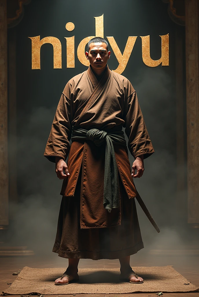 A PSHT citizen with sacred silat , still standing while installing, Behind it is the text Nidyu.