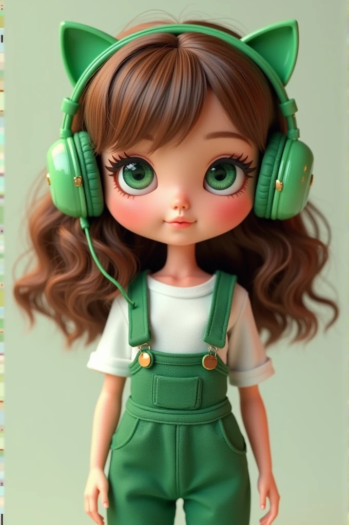  teenager doll shape,Caucasian skin,Green Eye, chestnut wavy hair, white blouse and green jumpsuit,green kitty headphones