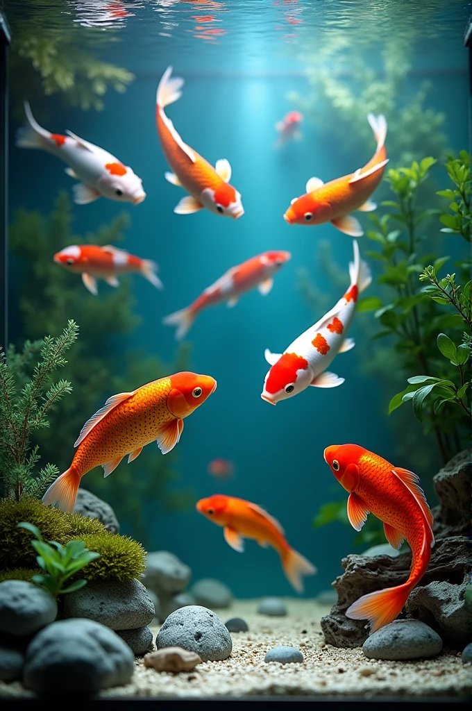 Home aquarium with different koi fish, The aquarium should be facing forward, with aquarium plants, ornaments and a cool color palette