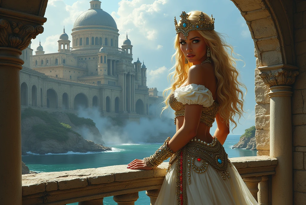 ((realistic:1.5)),((best quality)), ((masterpiece)),((detailed))a stunningly beautiful blonde princess, dark tan skin, (stunning blue eyes:1.2), vain and arrogant, wicked, jewels and jewelry, from a balcony of her elaborate room, ancient barbarian palace in the background, water, atmospheric fog, by Frank Frazetta, by Luis Royo, by boris vallejo,