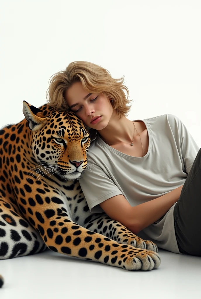 blond haired teenage man lying on the lap of a leopard with a white background that doesn't look so animated that it's more realistic