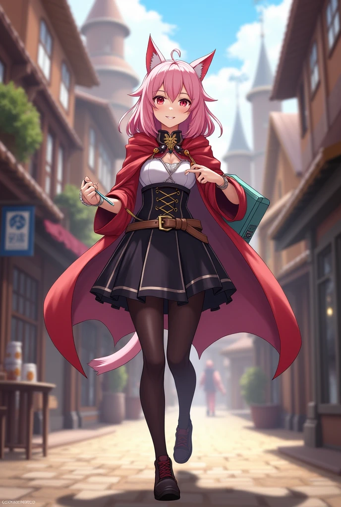 Diona From Genshin impact, ((carrying a small refrigerator on your back)), masterpiece, best quality, cinematic lighting , looking at a viewer, smile, pink hair, hat, cat ears, cat tail, green eyes, Full body, smile, walking, in the medieval city, 1girl, (Black dress, corset, belt, black skirt, cloak, red cape, red hood, hose).