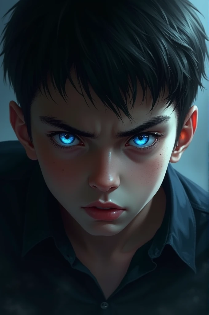 Handsome boy with blue bloody eyes with angry face