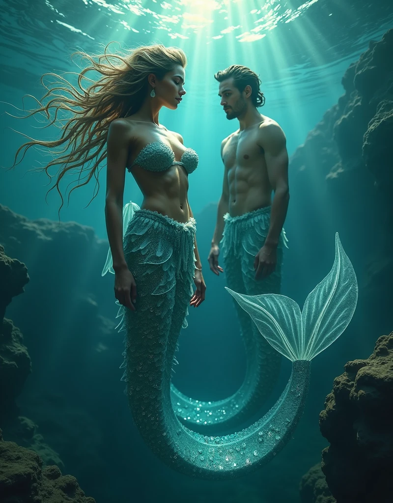 (masterpiece,Distinguished Quality,Mirror-like,Cinematic Experience, insanely detailed,absurdres),8k,full image shot),(1 female), the shimmering, iridescent depths of an enchanted ocean, mesmerizing sirens, big breasts, nipples ,8k, slim waist, shimmering scales on a tale, luminous, pearlescent skin glistening with dew, long, flowing hair a wild tangle of seaweed and glittering, gemstone-encrusted locks, as their piercing, (1 handsome male),(male, with mermaid tale:2.0),(male siren),(manly tale),(manly abs), random hair, aquamarine eyes gleam with an otherworldly allure, shimmering, crystalline tail glimmers with a soft, ethereal light, beckoning sailors to their doom with a haunting, melodic song that echoes through the mystical, moonlit waves, Imagine the captivating, underwater scene!