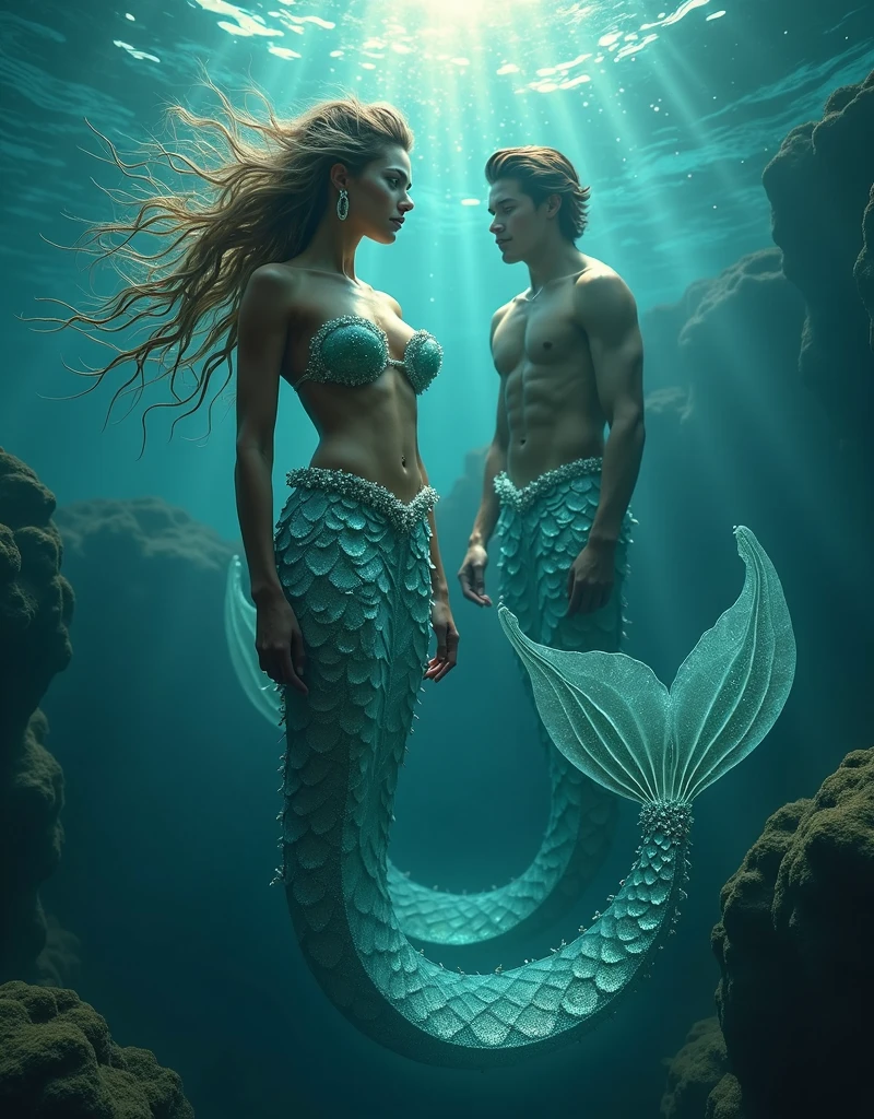 (masterpiece,Distinguished Quality,Mirror-like,Cinematic Experience, insanely detailed,absurdres),8k,full image shot),(1 female), the shimmering, iridescent depths of an enchanted ocean, mesmerizing sirens, big breasts, nipples ,8k, slim waist, shimmering scales on a tale, luminous, pearlescent skin glistening with dew, long, flowing hair a wild tangle of seaweed and glittering, gemstone-encrusted locks, as their piercing, (1 handsome male),(male, with mermaid tale:2.0),(male siren),(manly tale),(manly abs), random hair, aquamarine eyes gleam with an otherworldly allure, shimmering, crystalline tail glimmers with a soft, ethereal light, beckoning sailors to their doom with a haunting, melodic song that echoes through the mystical, moonlit waves, Imagine the captivating, underwater scene!