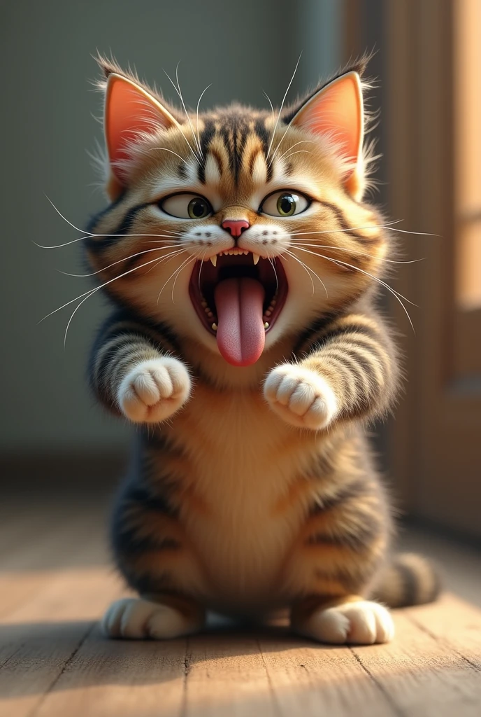 A furry cat sticking his long tongue out and looks very angry and pointing to his to to sit on it