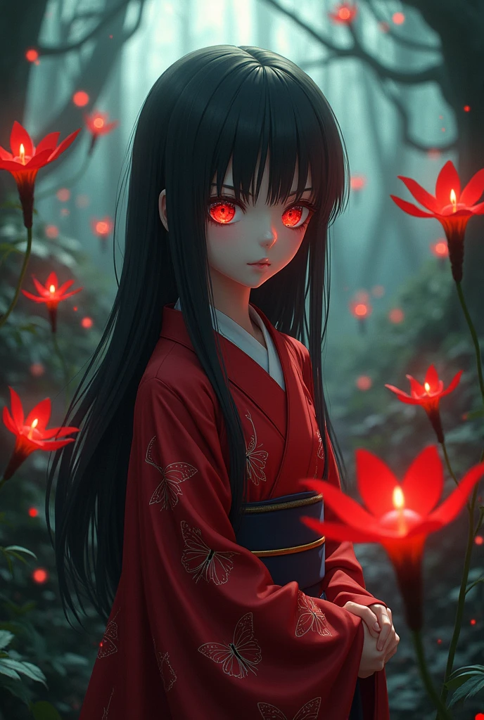 Girl that looks like enma ai. She is wearing a red kimono. Her eyes are glowing red.
She is in a forest surrounded by spider lily, butterflies and crows