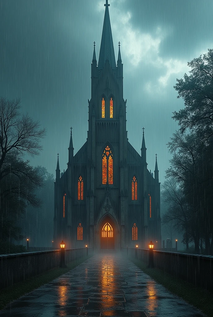 Create an image of church with lighting effect in rain