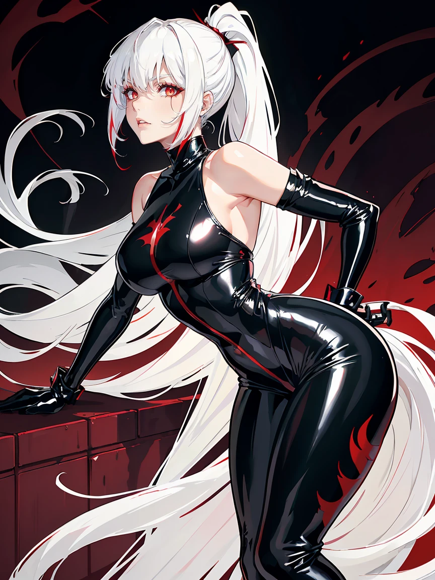 Long white hair, crimson eyes, evil, sexy, black and red clothes, evil face, evil, serious look, gloss lips, sinister, front look, bloody, gloves, close up, portrait, beautiful eyes, big white, dark place, night, sensual, straight hair cut, clear skin, evil, young 30 years girl, adult girl, solo, red, very long hair, ankle length hair, handsome older WOMAN,crimson-eyes,crimson pupils,Long white hair,Hyperresolution,accuracy,Detailed rendering,(Image of fine hair)(topquality)(Masterpieces of masters)(High degree of completeness)(A sense of atmosphere)tmasterpiece,Super detailed and super detailed(((full-body)))(((Sexy black latex outfit)))(((Hair tied back in long ponytail))) (((Bangs))) (((Thick ponytail)))