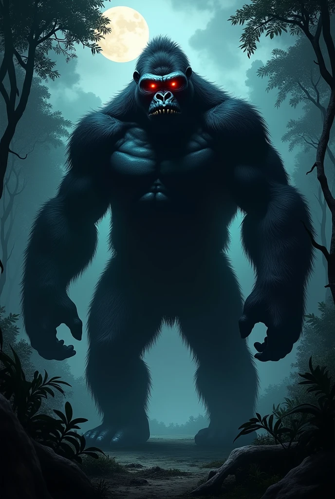 (photorealism:1.2), Demonic giant gorilla with red eyes , In the darkness of the night, in the jungle