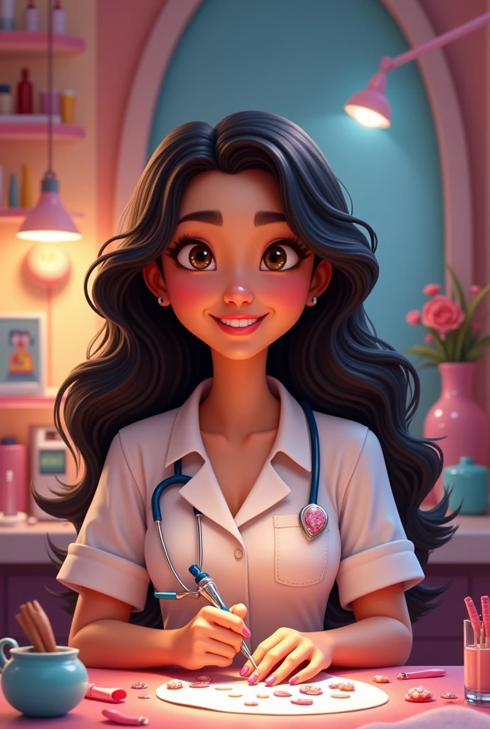 Pixar style poster manicurist brunette long curly black hair brown eyes medium complexion