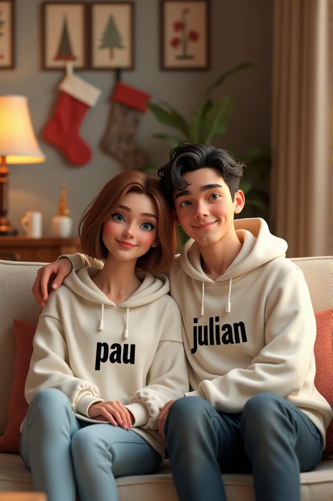 A 3D render of a photo of a sitting couple in a cozy living room during summer time. The woman, Amanda, has brown hair and blue eyes and is wearing a white hoodie with the name "Pau" in black color. The man, Marco, has black hair and blue eyes and is wearing a white hoodie with the name "JULIAN" in black color. The background is a living room with beautiful furniture, stockings, and pictures. The overall image is very pretty.