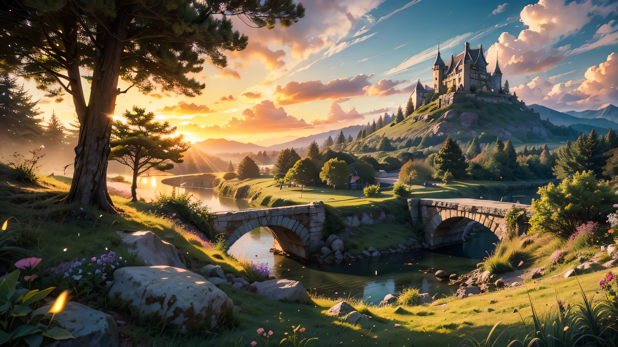 fairytale view with fantasy guard towers on a dramatic mountain range, rocks plants flowers shrubs bushes trees moss stream lawns bridge grass mushrooms fireflies,colourful sunset and strong sunbeams,very hazy,extreme details,photorealistic,4k,HD,beautiful,nature, dreamy, low shot,ground level photo, good luminosity