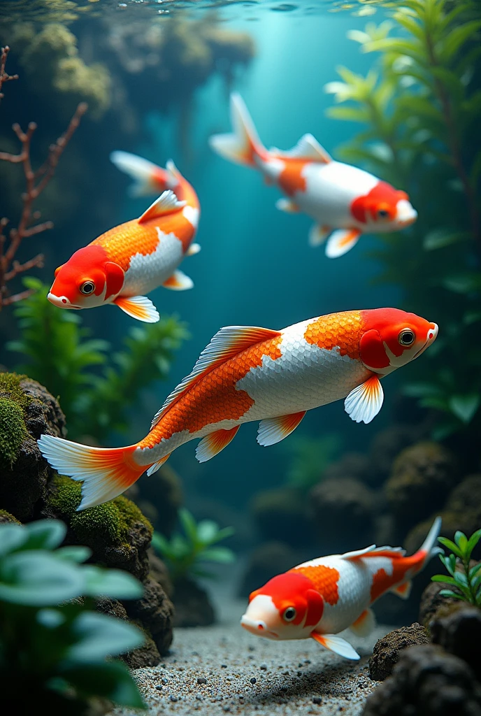 Home aquarium with different koi fish, The aquarium should be facing forward, with aquarium plants, ornaments and a cool color palette 