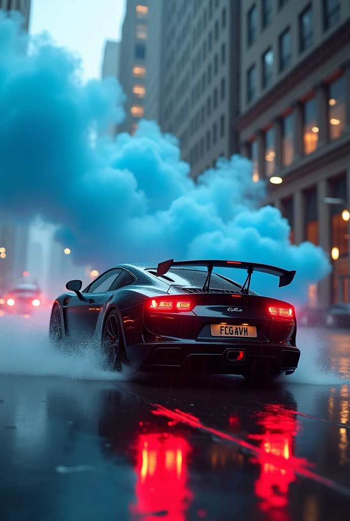 Black car red light aand blue smoke with water foll day time. Calen wither