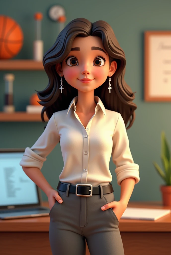 ager, with dark brown hair, dark brown eyes, wavy hair somewhat curly, Shoulder-length hair cut in layers, parted almost in the middle but not completely in the middle, somewhat disheveled, without bangs but with strands around the face, not so skinny, White skin, 1.65cm tall, not so skinny pero tampoco gorda, somewhat round face, small nose and mouth, eyes not a little Chinese but big. Include something related to excel in the background, basketball, programming, chemistry, and study and win medals or competitions. cheered up. CLOTHES: grey formal dress pants, button down dress blouse, black belt, Small hoop earrings with a silver-plated hanging cross and silver-plated rings. that looks young, study high school. not anime style. Make it animated something 3D. Strike a more casual pose. Keep what I asked for in the background. Smile without showing teeth. not so thin. More disheveled, a more adolescent air.