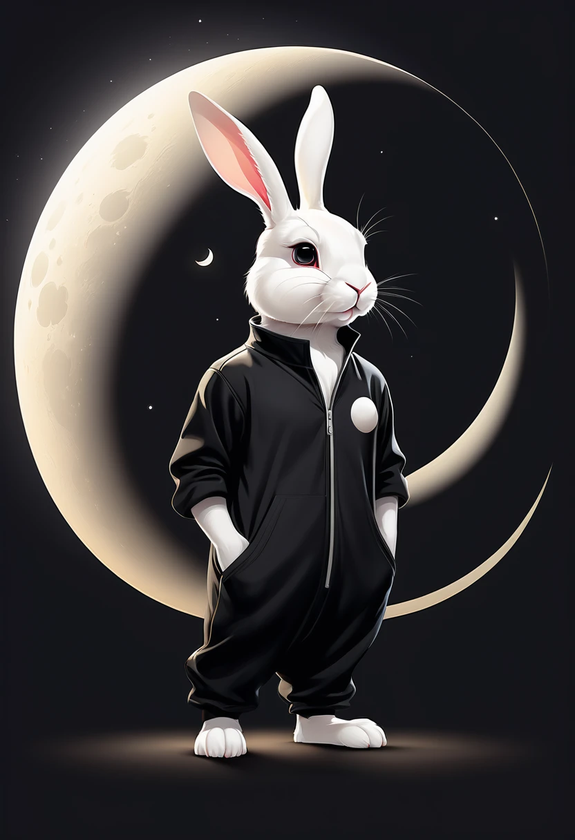 Create a close-up of a white Q-version cute rabbit with perfect anatomy, wearing a black jumpsuit and showing a cool expression. The background should feature a large, full moon in a flat style vector art. The design should highlight simplicity and clarity of form, using a vivid depiction with flat vector art techniques. Ensure the rabbit’s anatomy is accurate and perfect, and emphasize a modern and artistic design with pure expression.