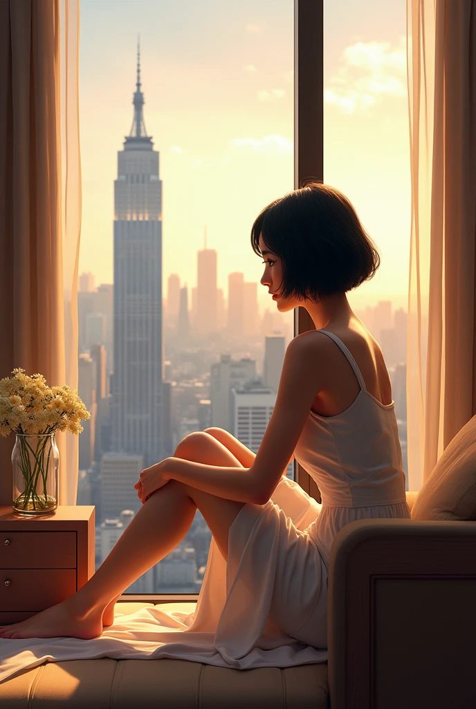 (masterpiece, 1 woman, Japanese, 4, black short hair, (sit by the window, spread legs:1.3), Luxury City Hotel Room, soft lighting)