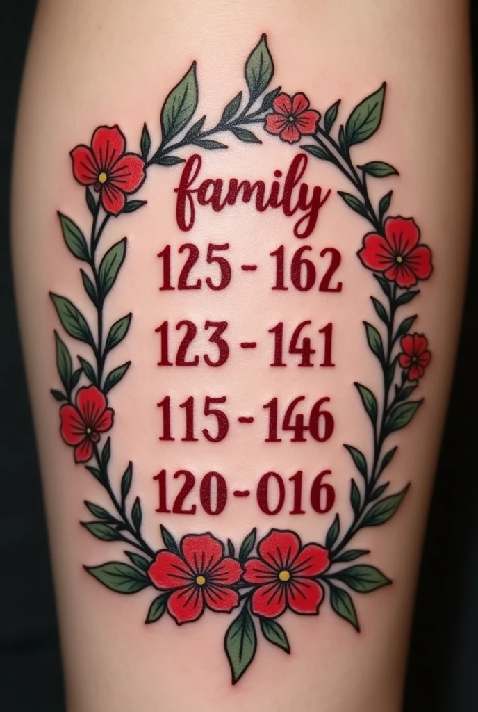 Fait moi un tatouage avec 4 date de naissance ou il y’a écris « family » en haut tatouer en rouge et en bas des date de naissance « focused » en rouge pareille mais les date de naissance sont en noir avec un dessin que tu imagine comme des fleurs ou autr chose