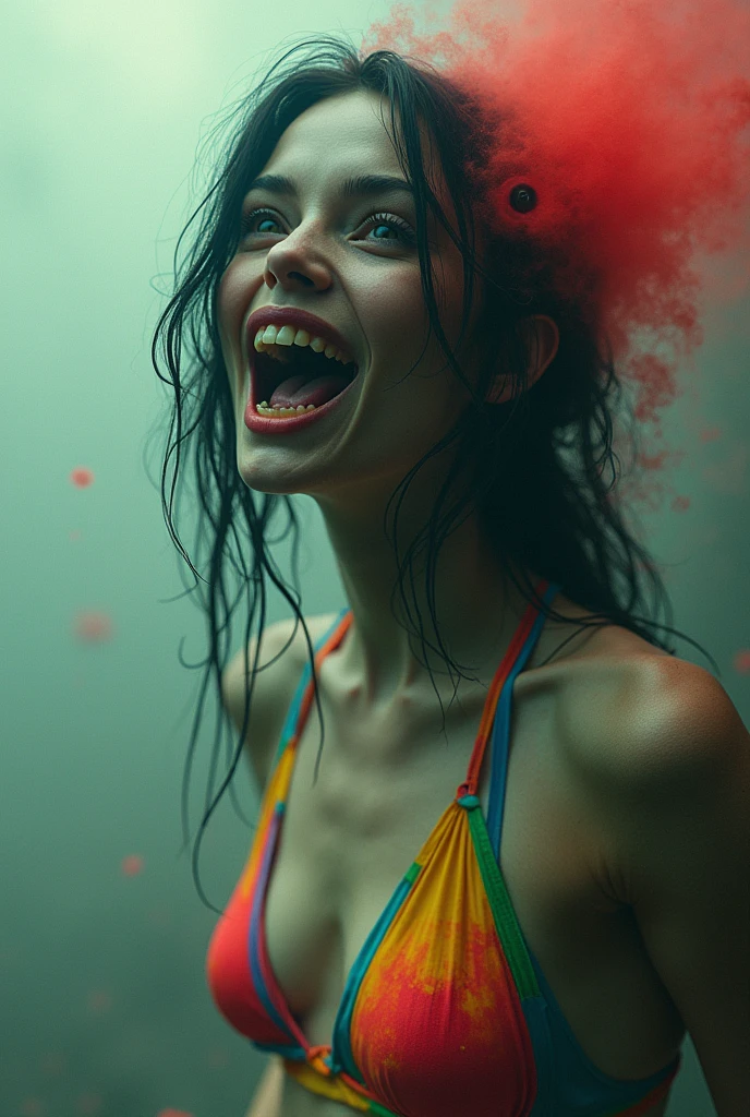 editorial photography,super detailed background,Super realistic,double exposure,depth of field,beauty super slender skinny vides,soft focus dark tone,narrative scene,red blue green yellow Toxic fog,dark super long stright hair,female fused with compound eye,rib,wabi-sabi kimono,complex structure,open lips,bare fangs,exotic apocalypse,pop colorfull swimming suit,from directly below,