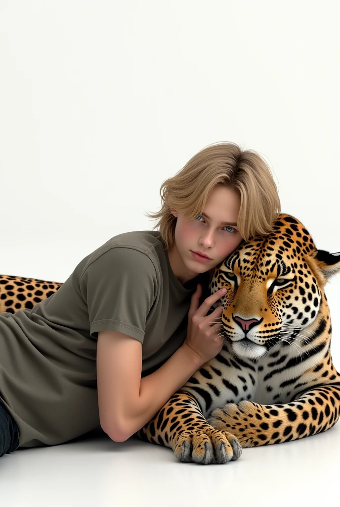 blond haired teenage man lying on the lap of a leopard with a white background that doesn&#39;t look so animated that it&#39;s more realistic