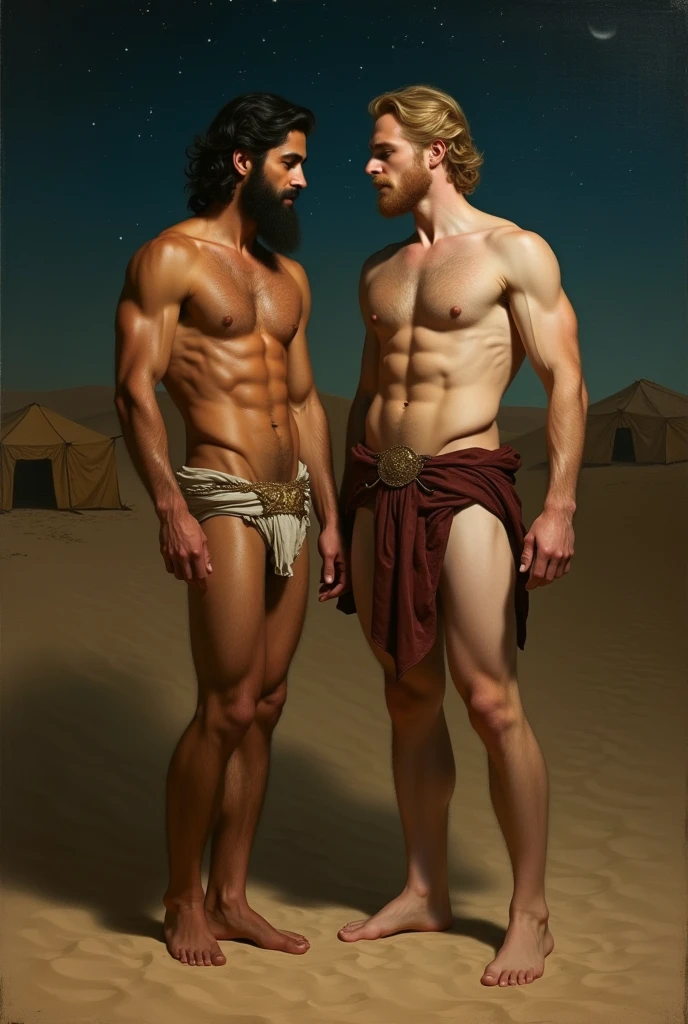 1 naked arab man with his groan close blond man´s gluteous baroque painting+muslim_art fullbody portrait, an arabian prince, cinnamon skin green eyes, wavy black hair, thin face, slender toned body, body hair, beautiful face, next to a young viking, blond, blue eyes, muscular beautiful face, strong, masculine perfect proportions, white skin innocent look, ((both men naked shirtless pantless barefoot)) in the mesopotamian desert in the night dynamic movement composition in the background dunes, tents, stars,, south cruce so romantic