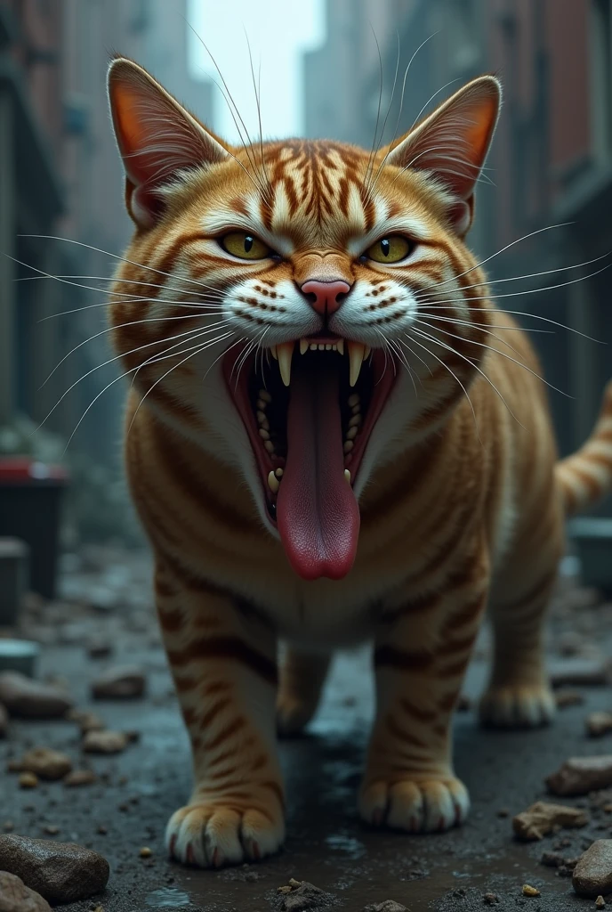 A very angry cat sticking his tongue out
