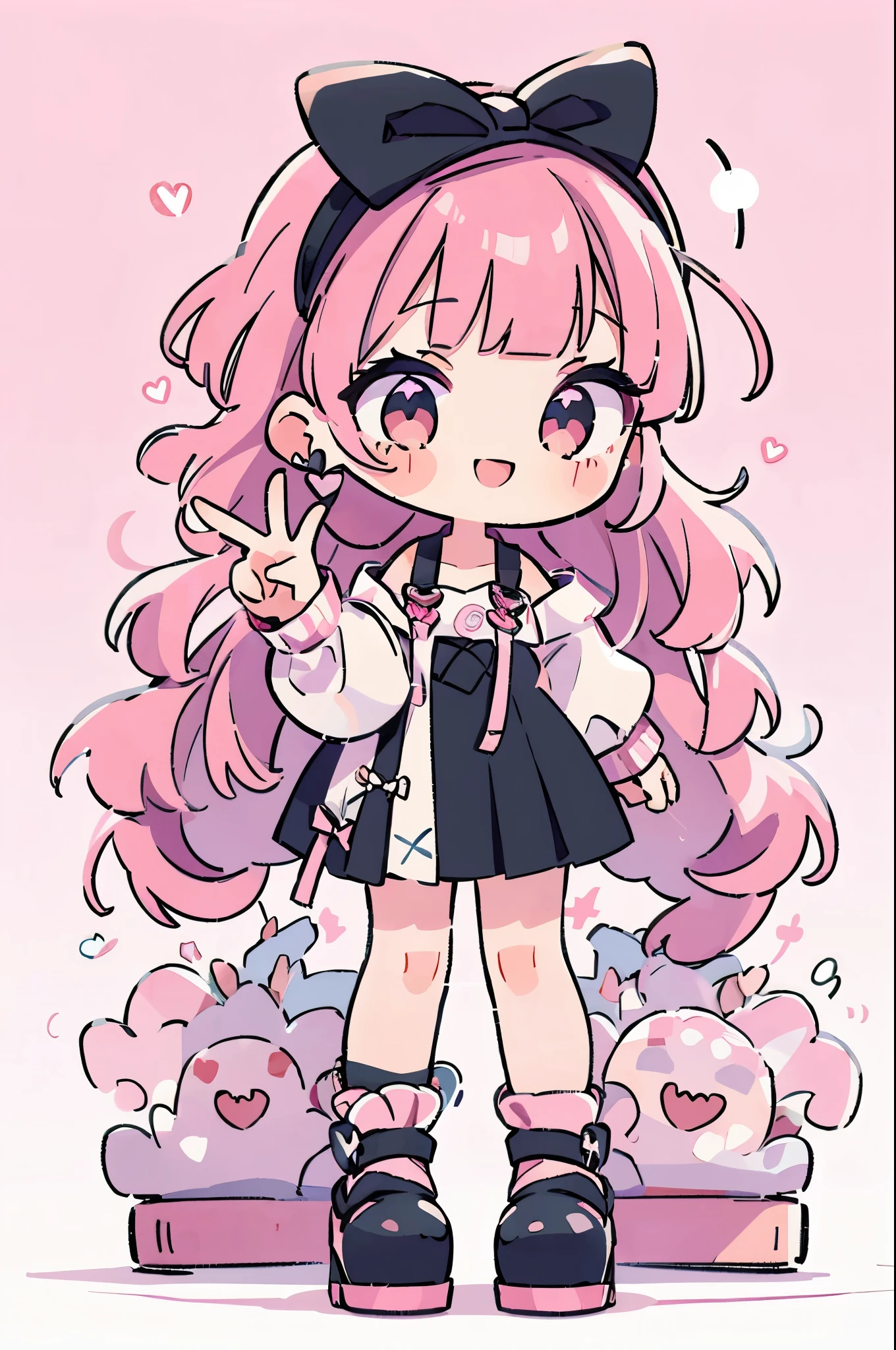 ((from front)),
((chibi)),
((peace sign)),
high resolution,smile,woman,woman1人,adult,cute,
blunt bangs,pink hair,wavy hair,long hair,BREAK,
Red eyes,Sparkling Eyes,BREAK,
((Landmine fashion)),
Black off-shoulder top,BREAK,Ruffled skirt in pink color,BREAK,
Black high heels,BREAK,
Black ribbon headband,BREAK,Heart Earrings,BREAK,Lace choker,BREAK,
Pink hearts on a white background,