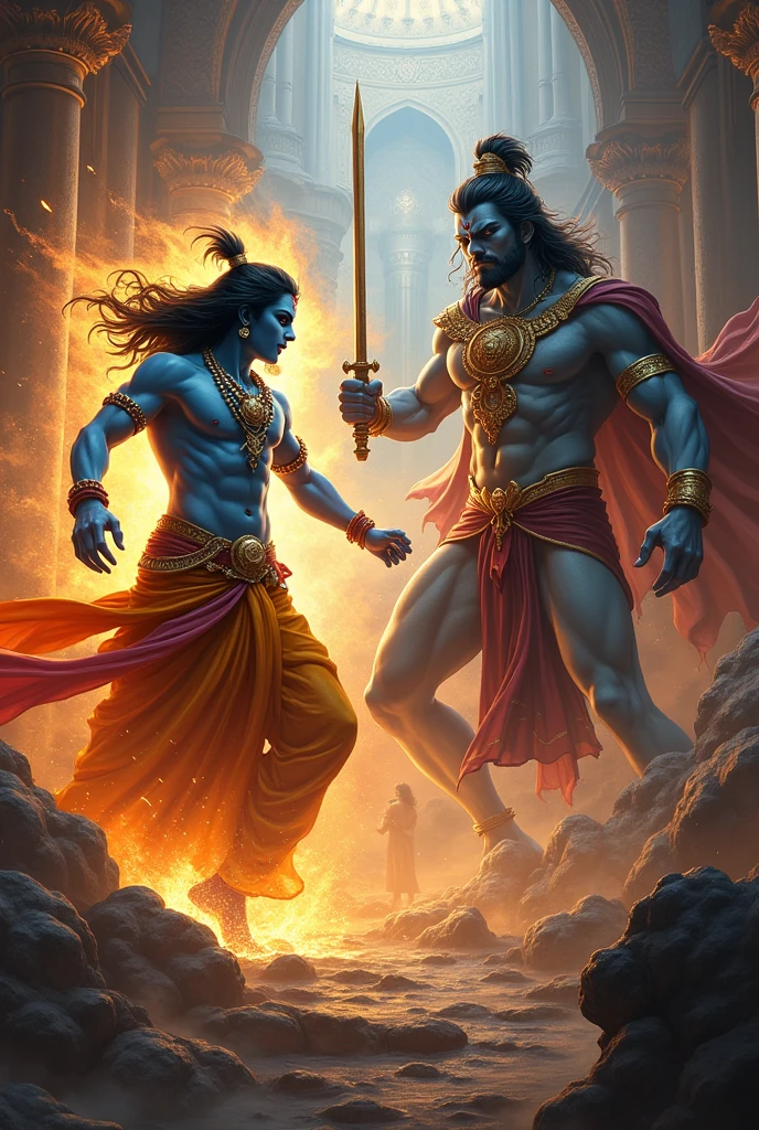 कंस के खिलाफ: कृष्ण और कंस की लड़ाई, जिसमें कृष्ण कंस को हराते हुए नजर आते हैं।