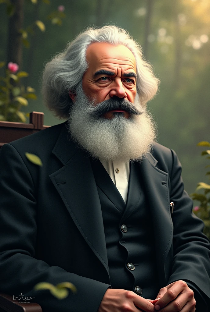 Generate an exact picture of Karl Marx with serene atmosphere and background