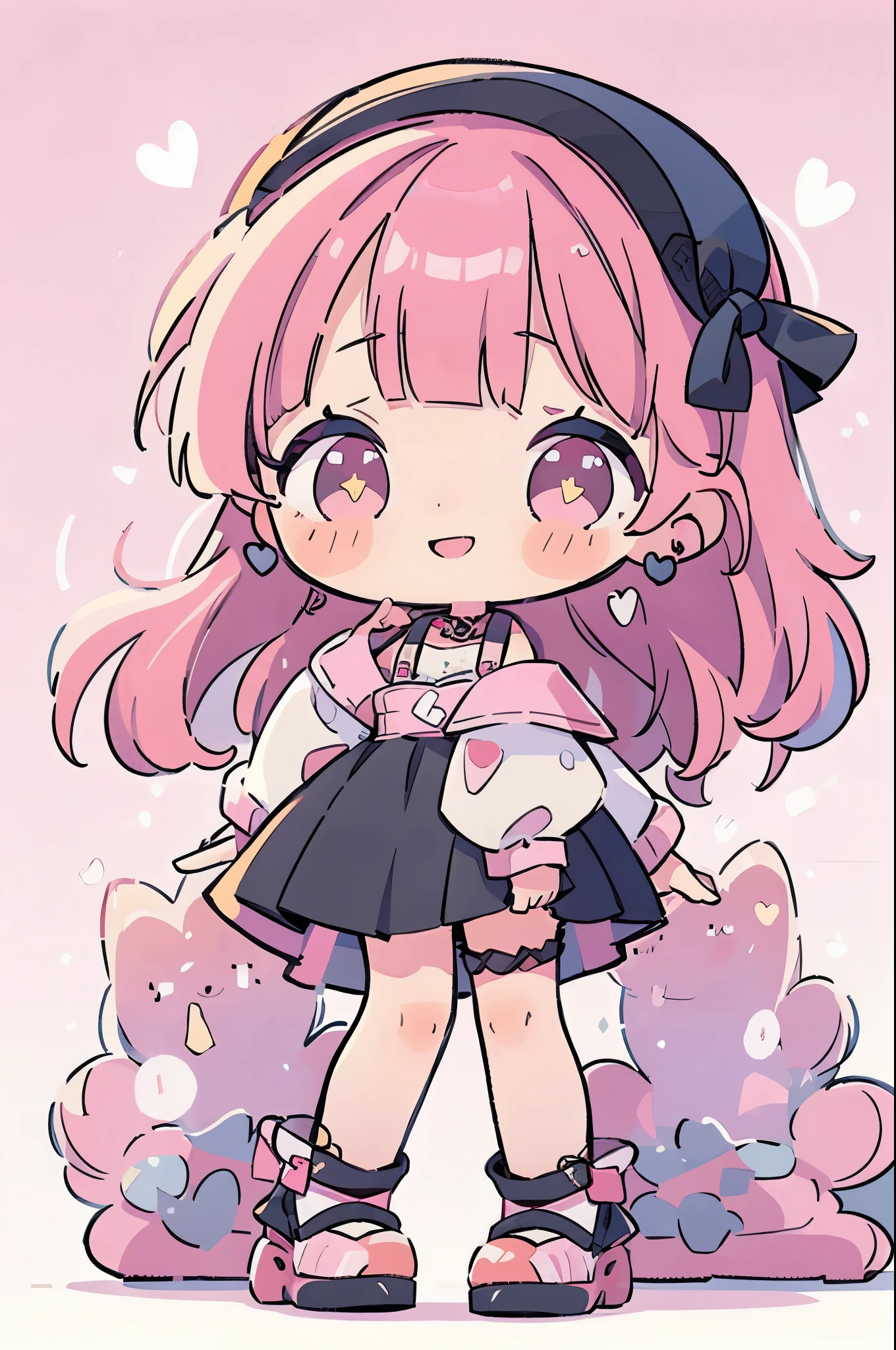 ((from front)),
((chibi)),
((peace sign)),
high resolution,smile,woman,woman1人,adult,cute,
blunt bangs,pink hair,wavy hair,long hair,BREAK,
Red eyes,Sparkling Eyes,BREAK,
((Landmine fashion)),
Black off-shoulder top,BREAK,Ruffled skirt in pink color,BREAK,
Black high heels,BREAK,
Black ribbon headband,BREAK,Heart Earrings,BREAK,Lace choker,BREAK,
Pink hearts on a white background,